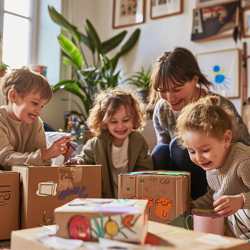 Involving Kids in the Moving Out Process - Children Decorating Removsl Boxes